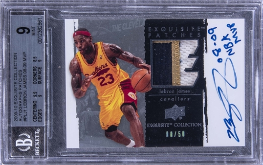 2009-10 UD "Exquisite Collection" Autographs Patches #PLJ1 LeBron James Signed Game Used Patch Card (#08/50) – BGS MINT 9/BGS 9 – A "1 of 1" Rarity, Uniquely Inscribed by LeBron!